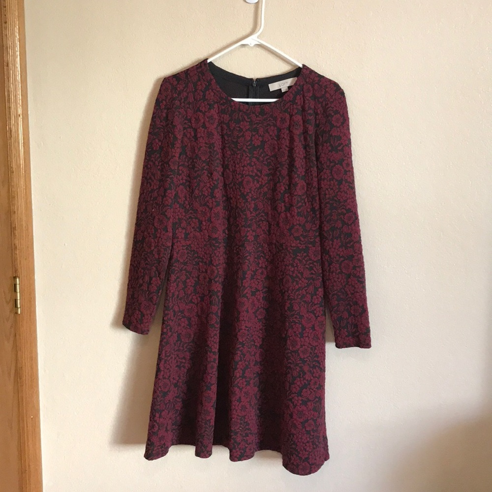 LOFT - Red and Black Flower Long Sleeve Dress